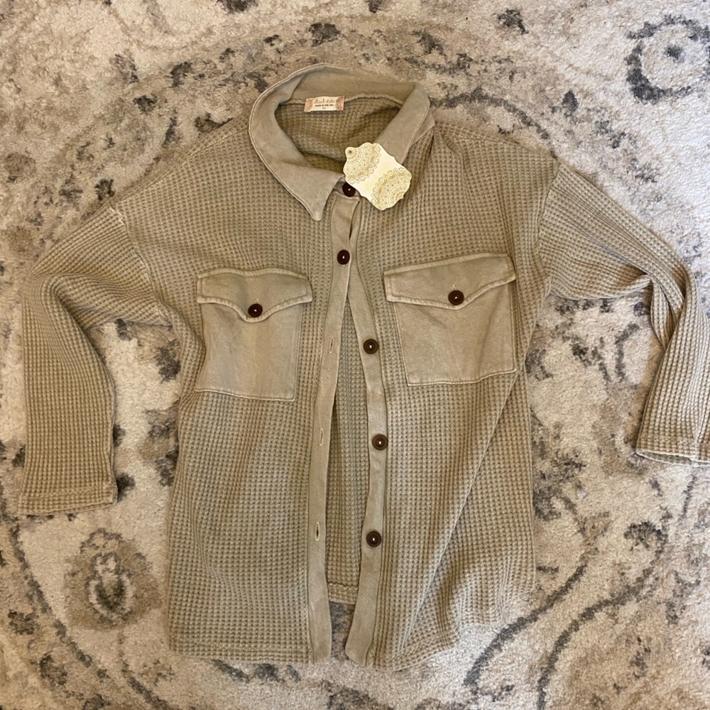 Altar'd State Beige Waffle Knit Button-Front Cardigan Shacket